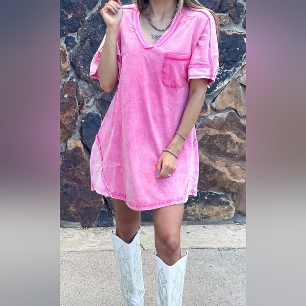 Ladies NEW IN Mini Dress Sun Washed Mineral Washed Boho Hot Pink Pocket Small